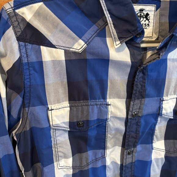 Mens Express LS Western Snap Plaid Shirt Blue & White Checkered Size M Vtg - Picture 3 of 9